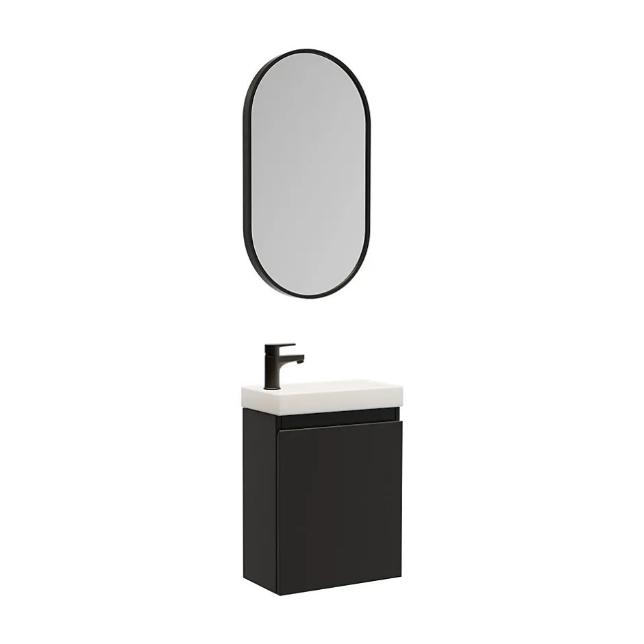 Mob-In Meuble lave-mains LISA + robinet noir + miroir ovale* Lave-Mains