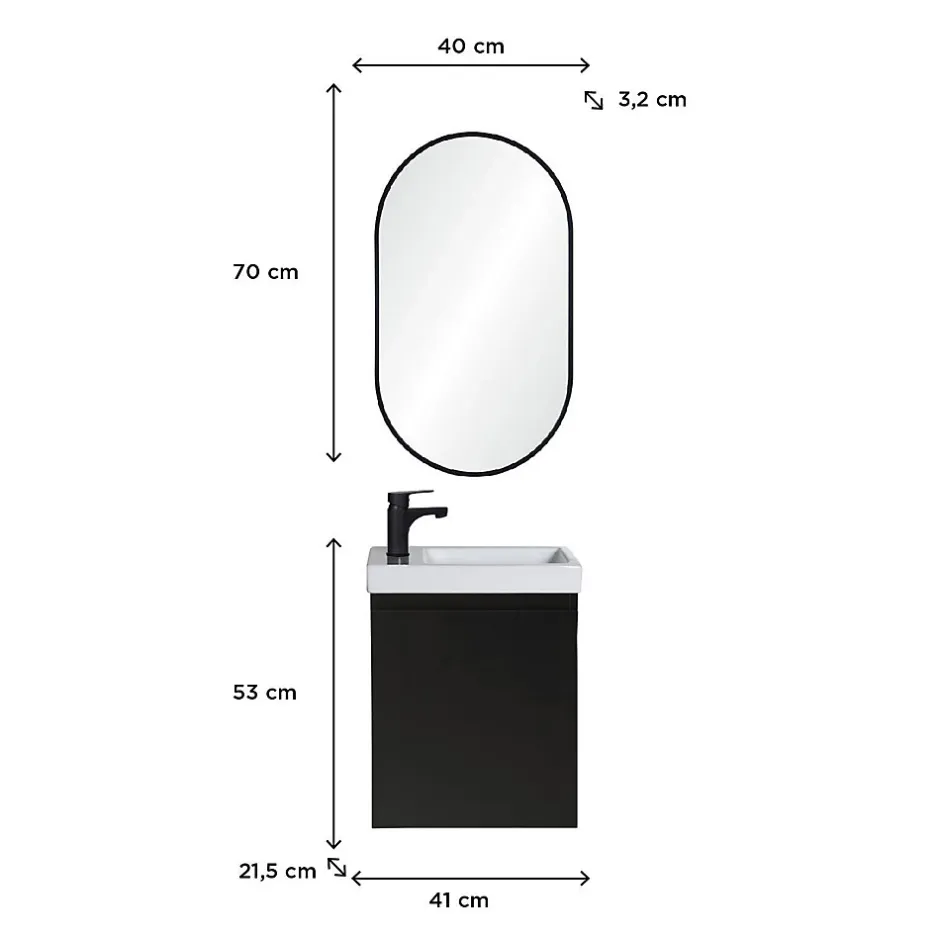 Mob-In Meuble lave-mains LISA + robinet noir + miroir ovale* Lave-Mains