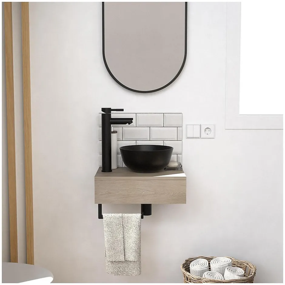 Mob-In Meuble lave-mains SOHO plan épais vasque noire + miroir