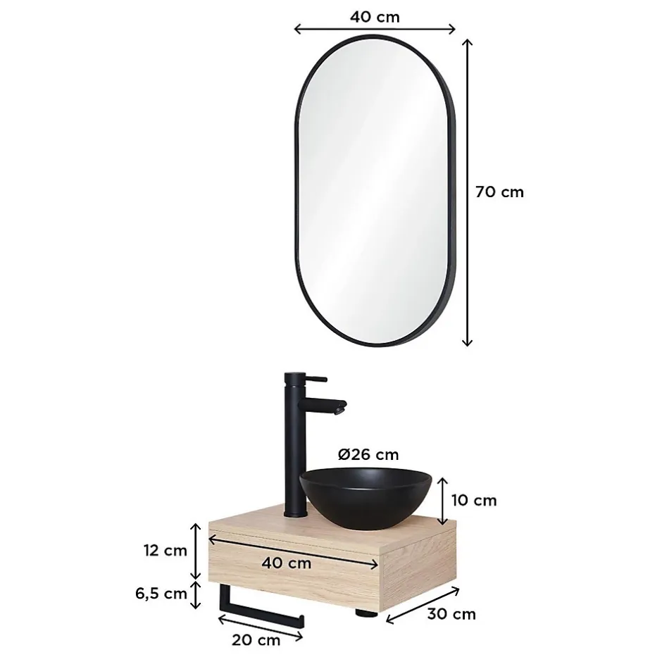 Mob-In Meuble lave-mains SOHO plan épais vasque noire + miroir