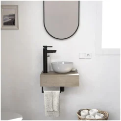 Mob-In Meuble lave-mains SOHO plan épais vasque blanche + robinet + miroir* Meuble De Salle De Bains Faible Profondeur
