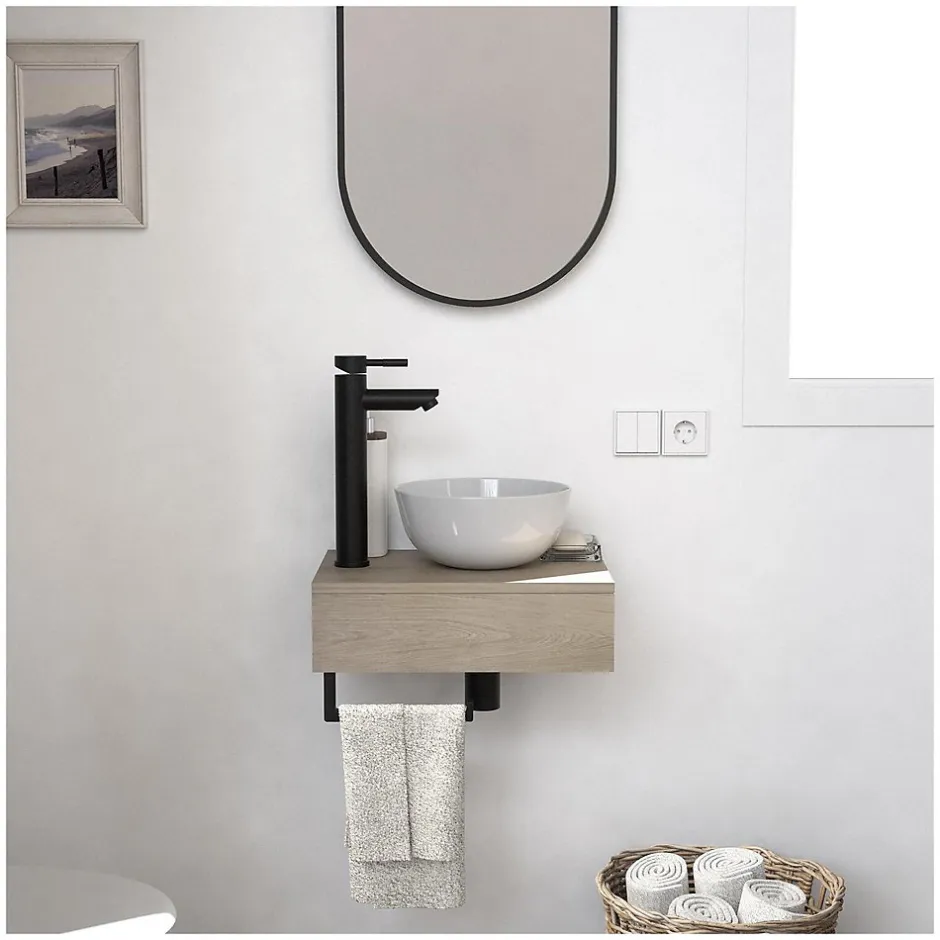Mob-In Meuble lave-mains SOHO plan épais vasque blanche + robinet + miroir* Meuble De Salle De Bains Faible Profondeur