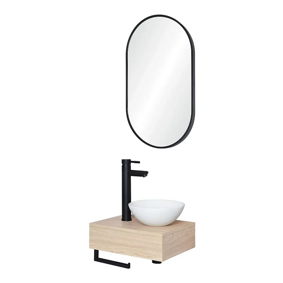 Mob-In Meuble lave-mains SOHO plan épais vasque blanche + robinet + miroir* Meuble De Salle De Bains Faible Profondeur