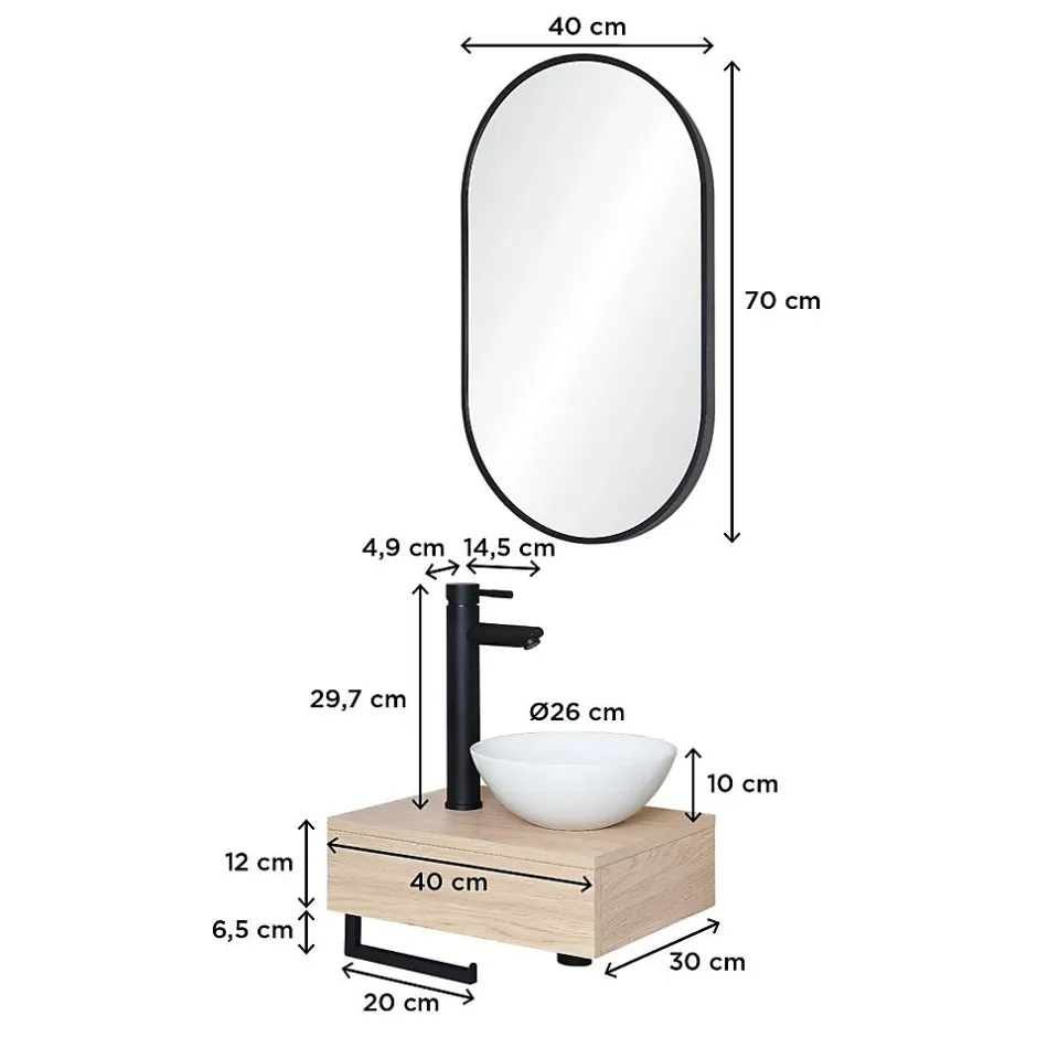 Mob-In Meuble lave-mains SOHO plan épais vasque blanche + robinet + miroir* Meuble De Salle De Bains Faible Profondeur