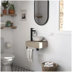 Mob-In Meuble lave-mains SOHO plan épais vasque blanche + robinet + miroir* Meuble De Salle De Bains Faible Profondeur