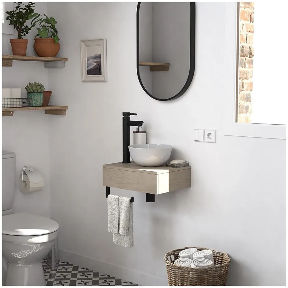 Mob-In Meuble lave-mains SOHO plan épais vasque blanche + robinet + miroir* Meuble De Salle De Bains Faible Profondeur