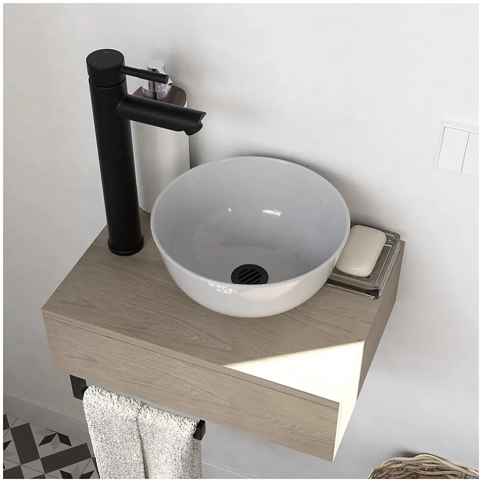 Mob-In Meuble lave-mains SOHO plan épais vasque blanche + robinet + miroir* Meuble De Salle De Bains Faible Profondeur