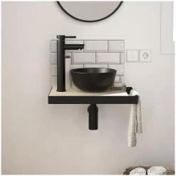 Mob-In Meuble lave-mains SOHO plan fin p-serviette côté vasque noire + robinet