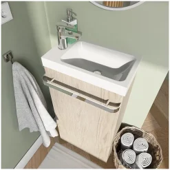 Mob-In Meuble lave-mains sur pieds JOHANN décor chêne + vasque + miroir* Meuble De Salle De Bains Faible Profondeur|Meuble Wc