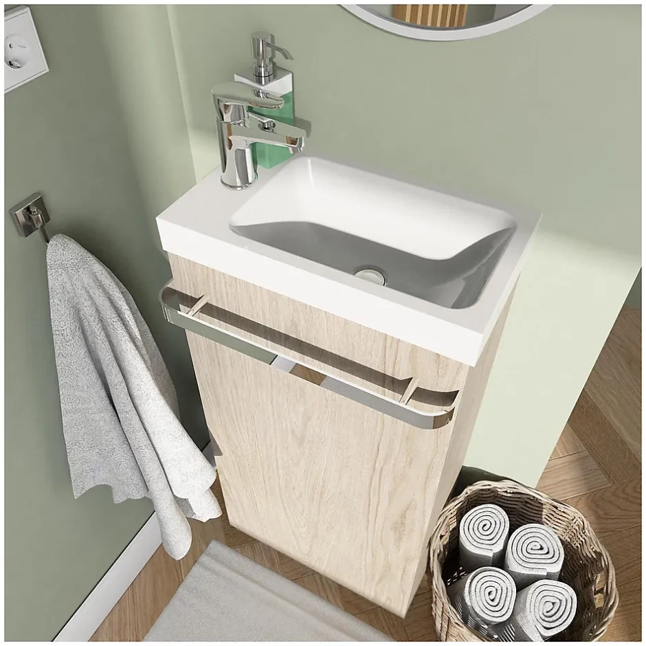 Mob-In Meuble lave-mains sur pieds JOHANN décor chêne + vasque + miroir* Meuble De Salle De Bains Faible Profondeur|Meuble Wc