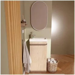 Mob-In Meuble lave-mains sur pieds JOHANN décor chêne + vasque + robinet + miroir