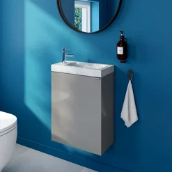 GoodHome Meuble lave-mains suspendu gris brillant l.44 cm Imandra + plan vasque effet marbre blanc,* Lave-Mains