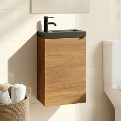 GoodHome Meuble lave-mains suspendu effet noyer l.44 cm Imandra + plan vasque noir céramique Nira,* Lave-Mains|Meuble De Salle De Bains Faible Profondeur