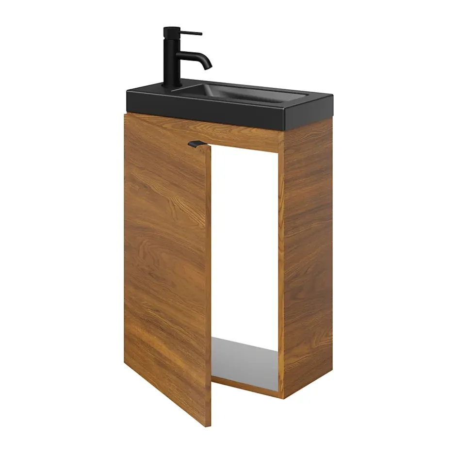 GoodHome Meuble lave-mains suspendu effet noyer l.44 cm Imandra + plan vasque noir céramique Nira,* Lave-Mains|Meuble De Salle De Bains Faible Profondeur
