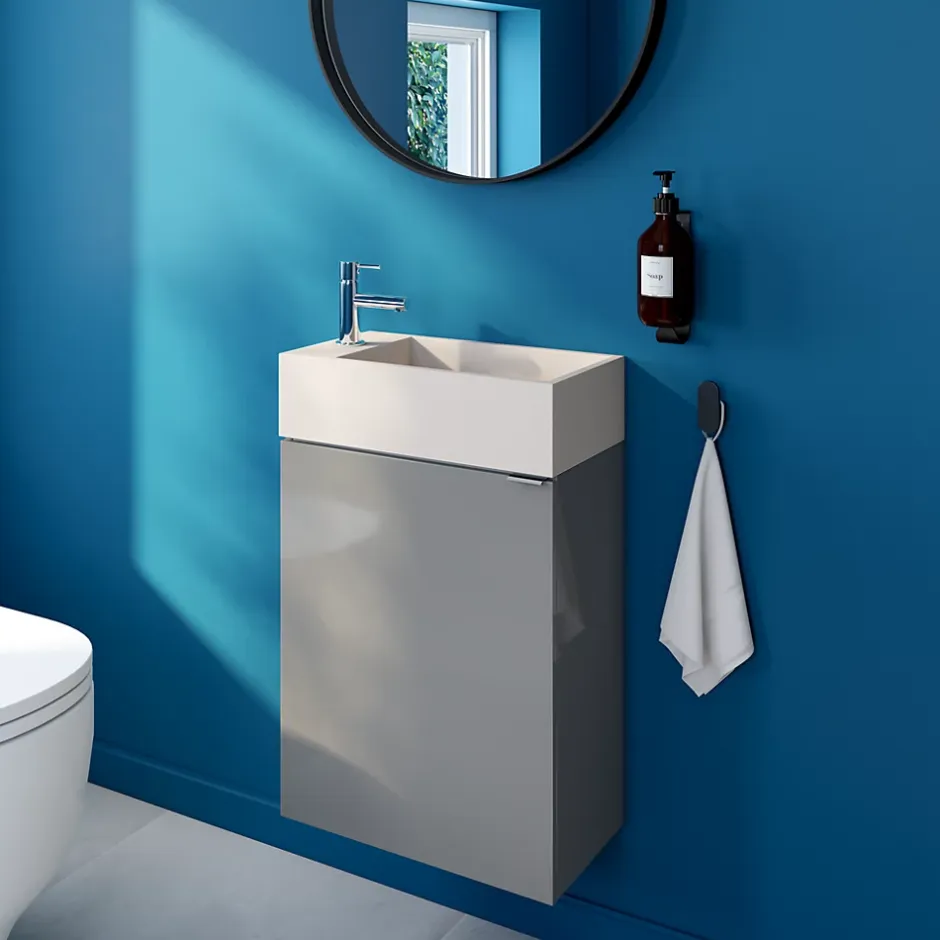 Meuble lave-mains suspendu gris brillant l.44 cm Imandra + plan vasque béton beige moucheté, GoodHome