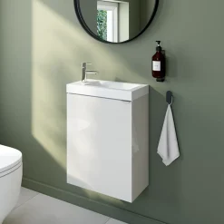 GoodHome Meuble lave-mains suspendu blanc brillant l.44 cm Imandra + plan vasque blanc céramique Nira,