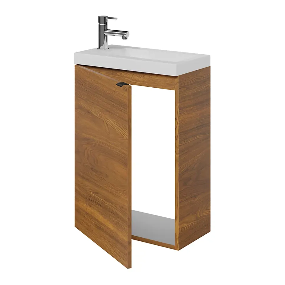 GoodHome Meuble lave-mains suspendu effet noyer l.44 cm Imandra + plan vasque blanc résine Beni,* Lave-Mains|Meuble De Salle De Bains Faible Profondeur