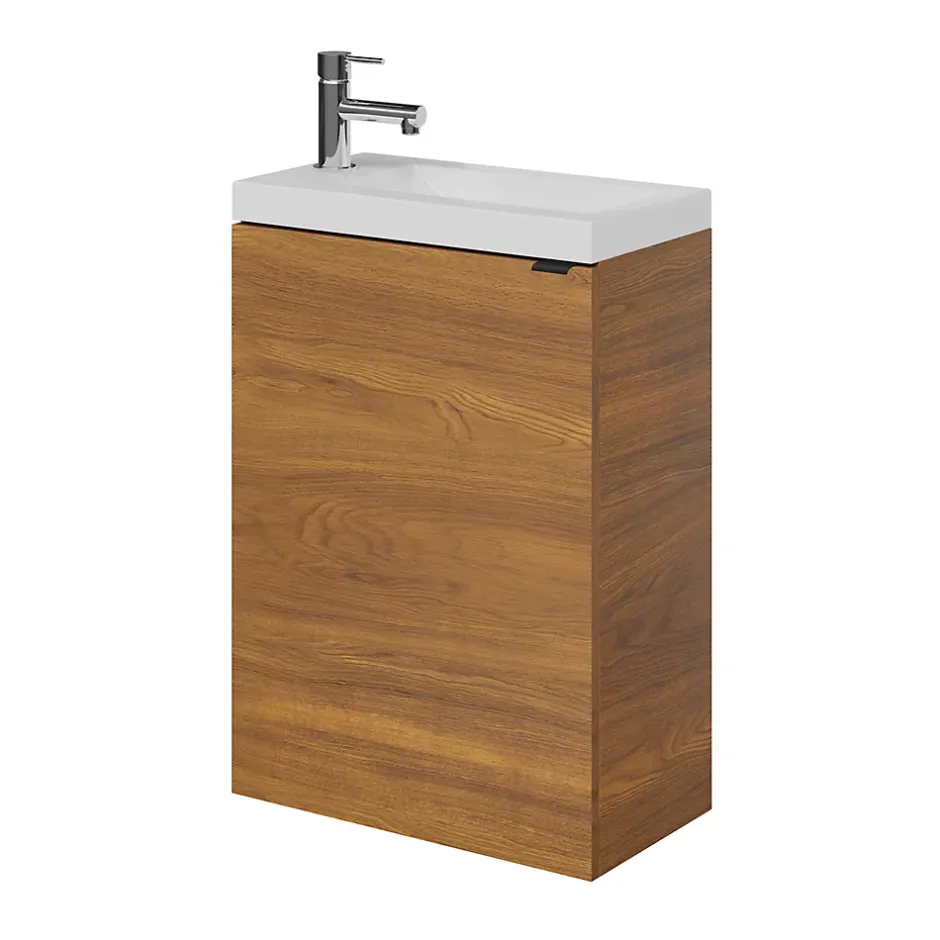 GoodHome Meuble lave-mains suspendu effet noyer l.44 cm Imandra + plan vasque blanc résine Beni,* Lave-Mains|Meuble De Salle De Bains Faible Profondeur