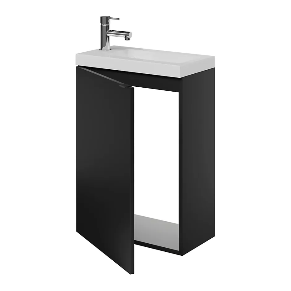 GoodHome Meuble lave-mains suspendu noir mat l.44 cm Imandra + plan vasque blanc résine Beni,