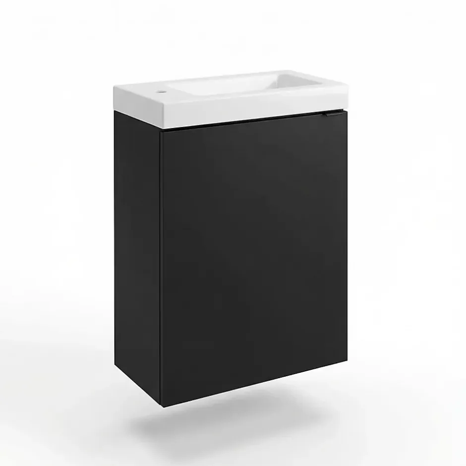 GoodHome Meuble lave-mains suspendu noir mat l.44 cm Imandra + plan vasque blanc céramique Nira,* Lave-Mains
