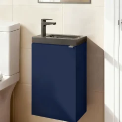 GoodHome Meuble lave-mains suspendu bleu nuit mat l.44 cm Imandra + plan vasque noir céramique Nira,