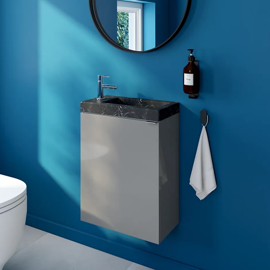 GoodHome Meuble lave-mains suspendu gris brillant l.44 cm Imandra + plan vasque effet marbre noir,