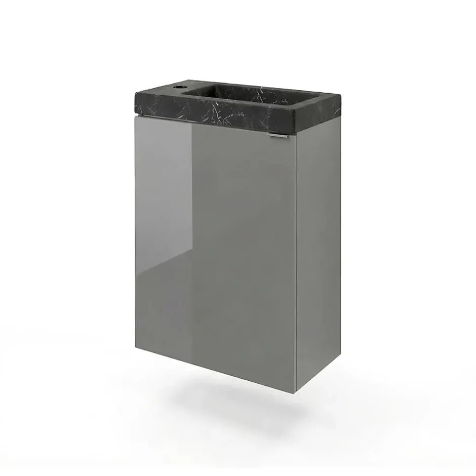 GoodHome Meuble lave-mains suspendu gris brillant l.44 cm Imandra + plan vasque effet marbre noir,