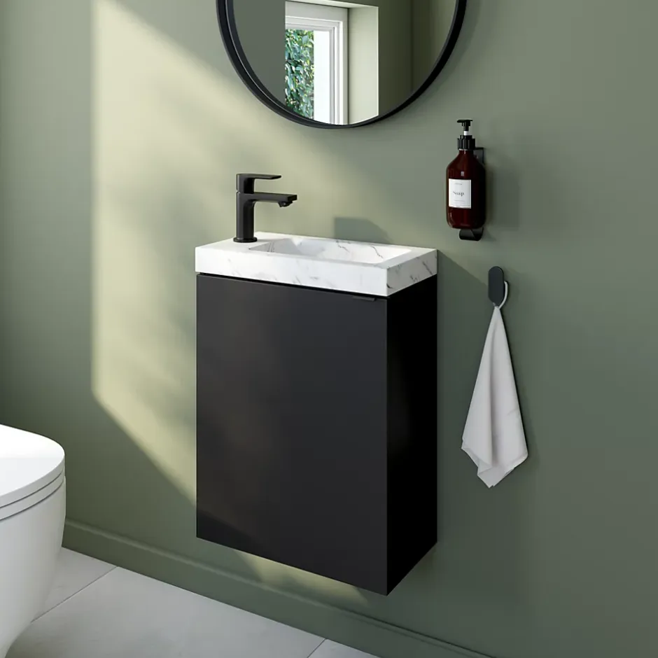 Homesight Meuble lave-mains suspendu noir mat l.44 cm Imandra + plan vasque effet marbre blanc, GoodHome* Lave-Mains
