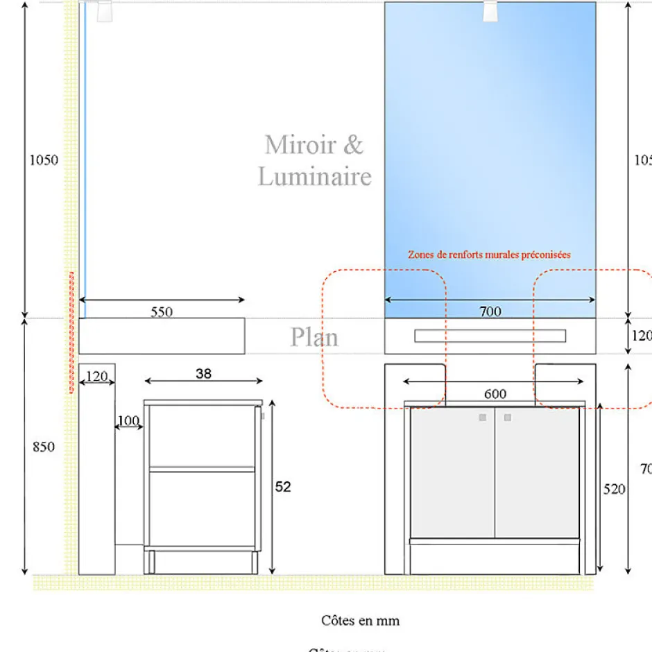 Cuisibane Meuble LEA 70 cm avec plan vasque et miroir LED ELEG Plus ht105* Ensemble Meuble De Salle De Bains