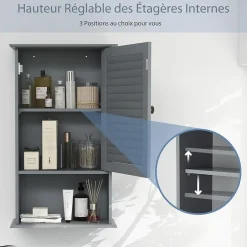 Giantex Meuble Mural de Salle de Bain, avec Etagère Réglable,avec Porte Persienne et 1 Etagère Ouverte, 42x17x70cm (Gris)
