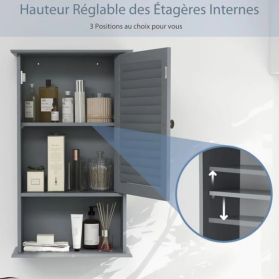 Giantex Meuble Mural de Salle de Bain, avec Etagère Réglable,avec Porte Persienne et 1 Etagère Ouverte, 42x17x70cm (Gris)