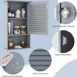 Giantex Meuble Mural de Salle de Bain, avec Etagère Réglable,avec Porte Persienne et 1 Etagère Ouverte, 42x17x70cm (Gris)