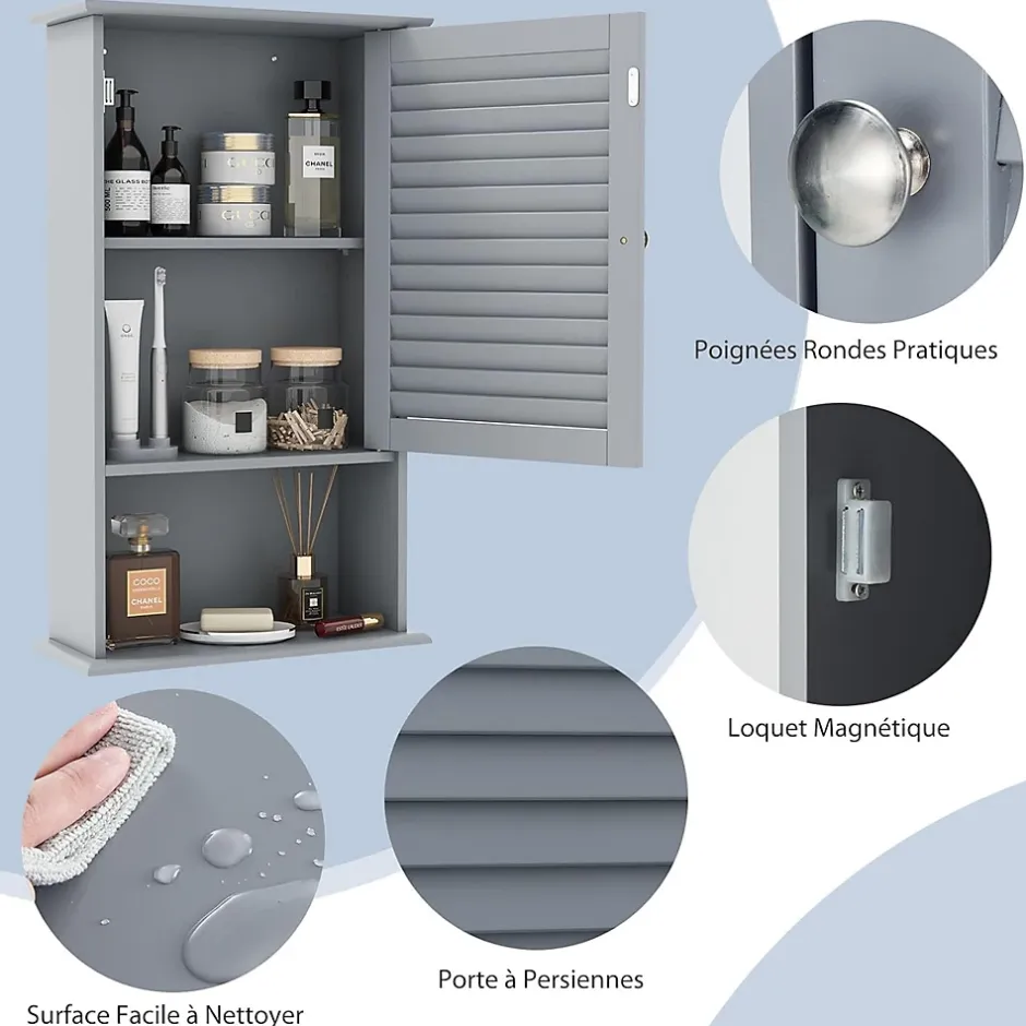 Giantex Meuble Mural de Salle de Bain, avec Etagère Réglable,avec Porte Persienne et 1 Etagère Ouverte, 42x17x70cm (Gris)