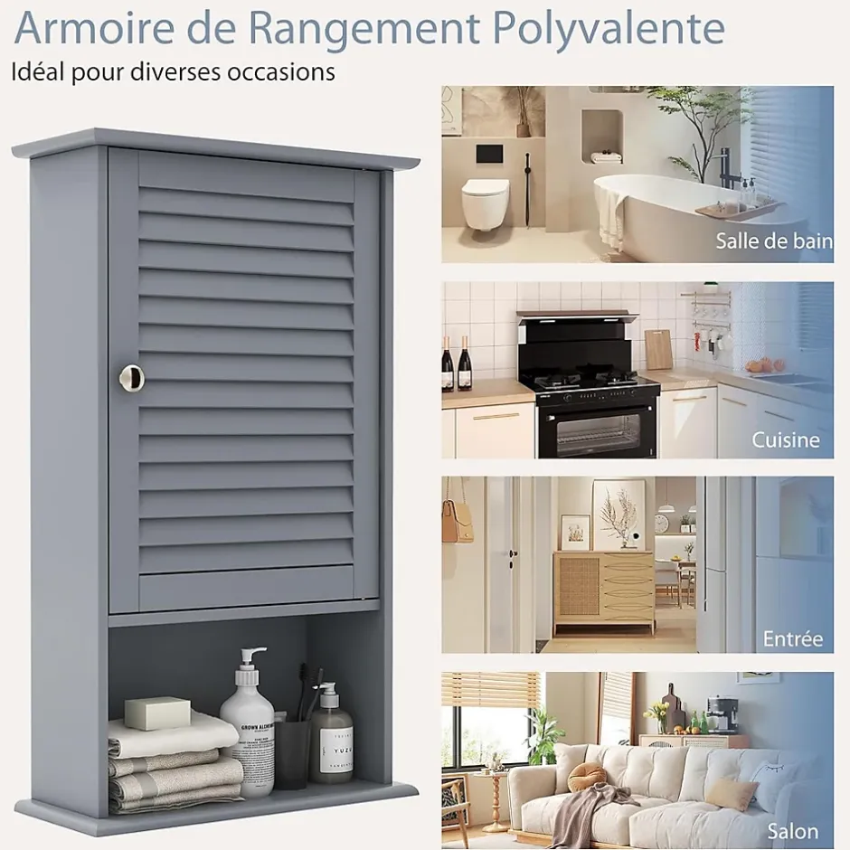 Giantex Meuble Mural de Salle de Bain, avec Etagère Réglable,avec Porte Persienne et 1 Etagère Ouverte, 42x17x70cm (Gris)