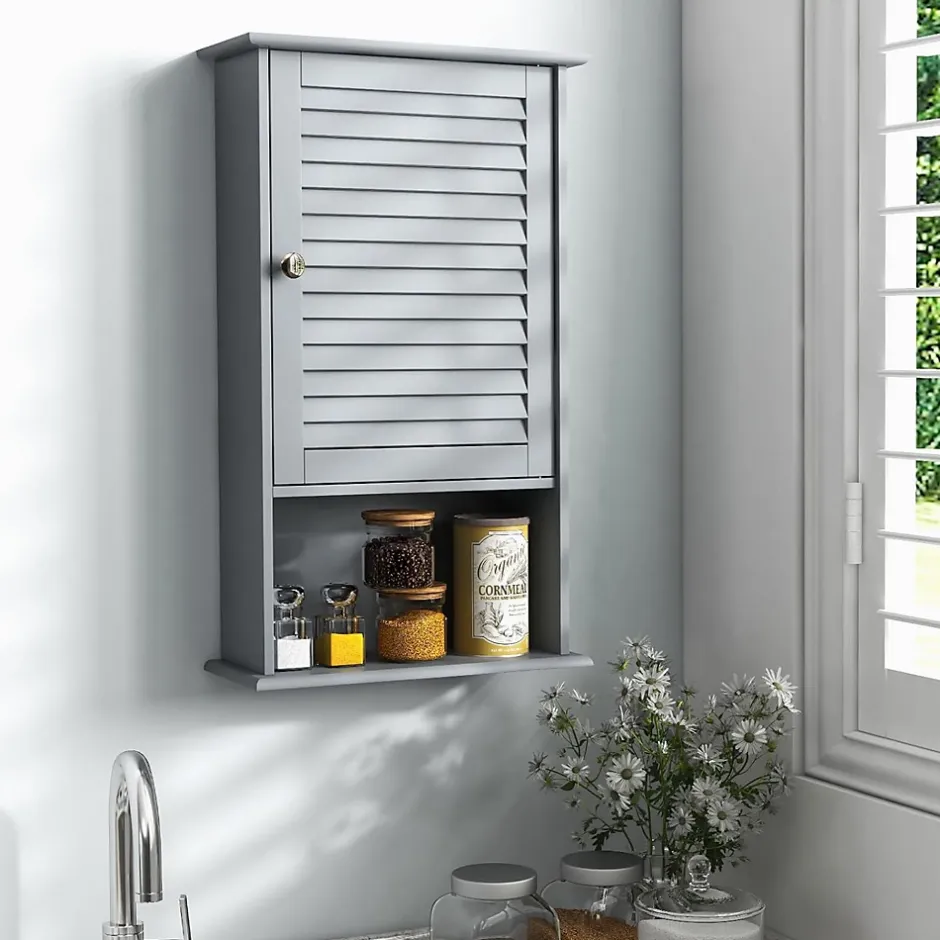 Giantex Meuble Mural de Salle de Bain, avec Etagère Réglable,avec Porte Persienne et 1 Etagère Ouverte, 42x17x70cm (Gris)