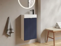 Vente-unique Meuble pour lave main strié caisson blanc et porte réversible bleue - H60 x L40 x P22 - VAHIRA