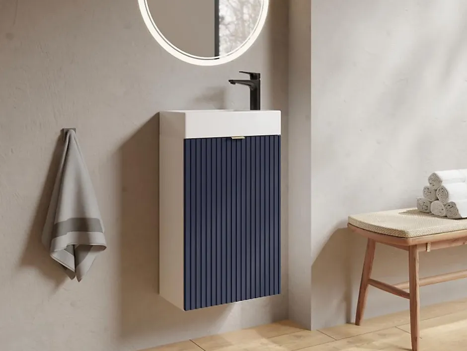 Vente-unique Meuble pour lave main strié caisson blanc et porte réversible bleue - H60 x L40 x P22 - VAHIRA