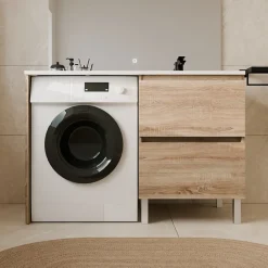 Cuisibane Meuble pour lave-linge IDEA, plan vasque déportée 124 cm x 65 cm- Bois- Vasque à droite