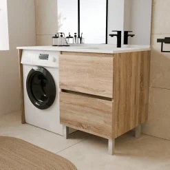 Cuisibane Meuble pour lave-linge IDEA, plan vasque déportée 124 cm x 65 cm- Bois- Vasque à droite