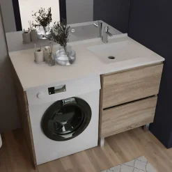 Cuisibane Meuble pour lave-linge IDEA, plan vasque déportée 124 cm x 65 cm- Bois- Vasque à droite