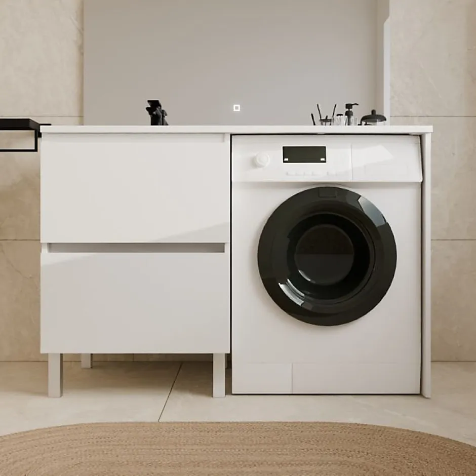 Cuisibane Meuble pour lave-linge IDEA, plan vasque déportée 124 cm x 65 cm- Blanc- Vasque à gauche