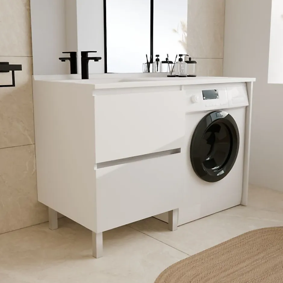 Cuisibane Meuble pour lave-linge IDEA, plan vasque déportée 124 cm x 65 cm- Blanc- Vasque à gauche