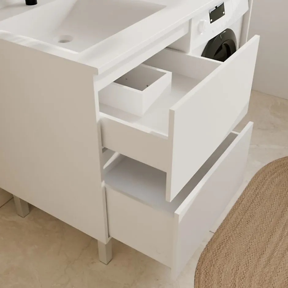 Cuisibane Meuble pour lave-linge IDEA, plan vasque déportée 124 cm x 65 cm- Blanc- Vasque à gauche