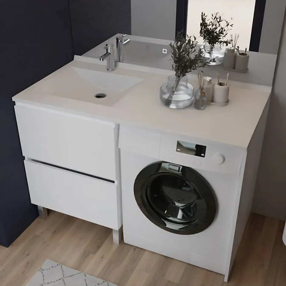 Cuisibane Meuble pour lave-linge IDEA, plan vasque déportée 124 cm x 65 cm- Blanc- Vasque à gauche