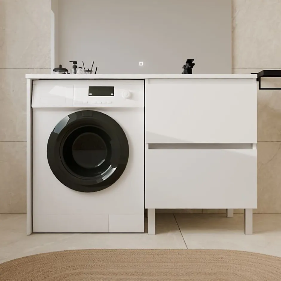 Cuisibane Meuble pour lave-linge IDEA, plan vasque déportée 124 cm x 65 cm- Blanc- Vasque à droite* Meuble Vasque
