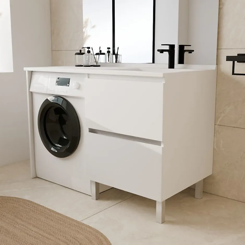 Cuisibane Meuble pour lave-linge IDEA, plan vasque déportée 124 cm x 65 cm- Blanc- Vasque à droite* Meuble Vasque