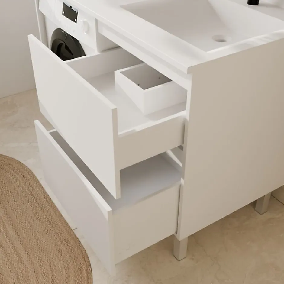 Cuisibane Meuble pour lave-linge IDEA, plan vasque déportée 124 cm x 65 cm- Blanc- Vasque à droite* Meuble Vasque