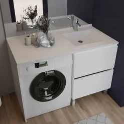 Cuisibane Meuble pour lave-linge IDEA, plan vasque déportée 124 cm x 65 cm- Blanc- Vasque à droite* Meuble Vasque