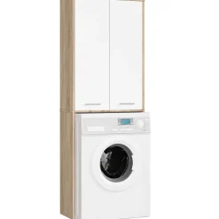 Akord Furniture Factory Meuble pour machine à laver AKORD FIN Chêne Sonoma 64 cm 2 portes façade Blanche 4 étagères 64x30x180 cm