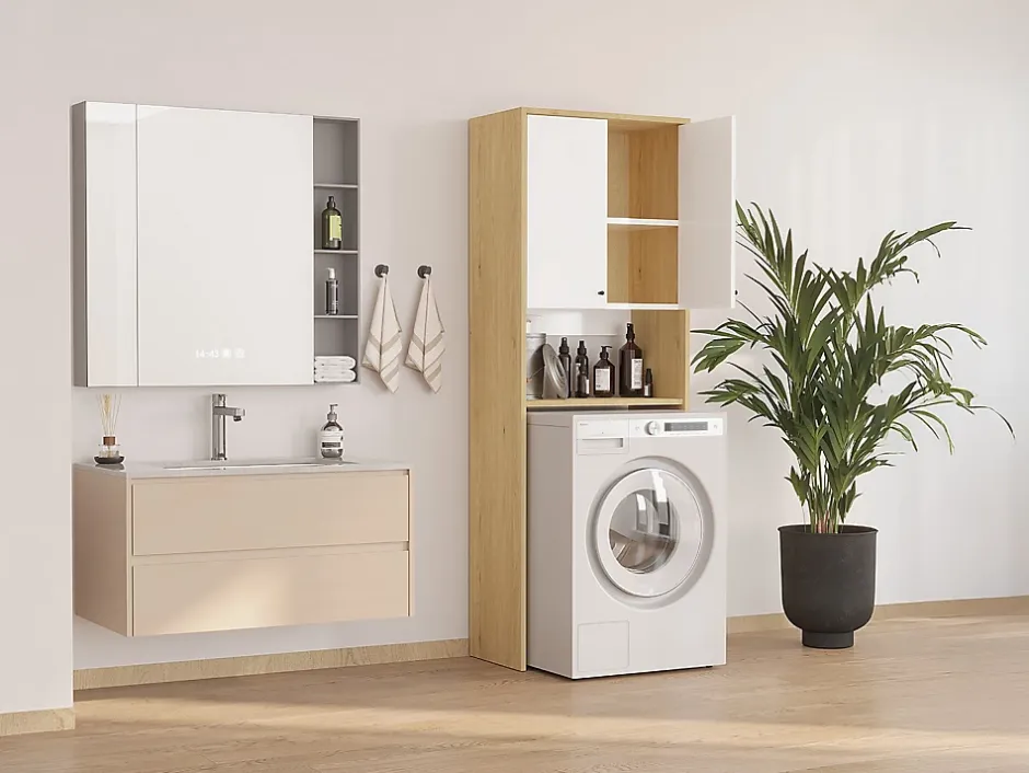 Vente-unique Meuble pour machine à laver avec double portes - L65 x H180 cm - Blanc et naturel clair - WORIKA